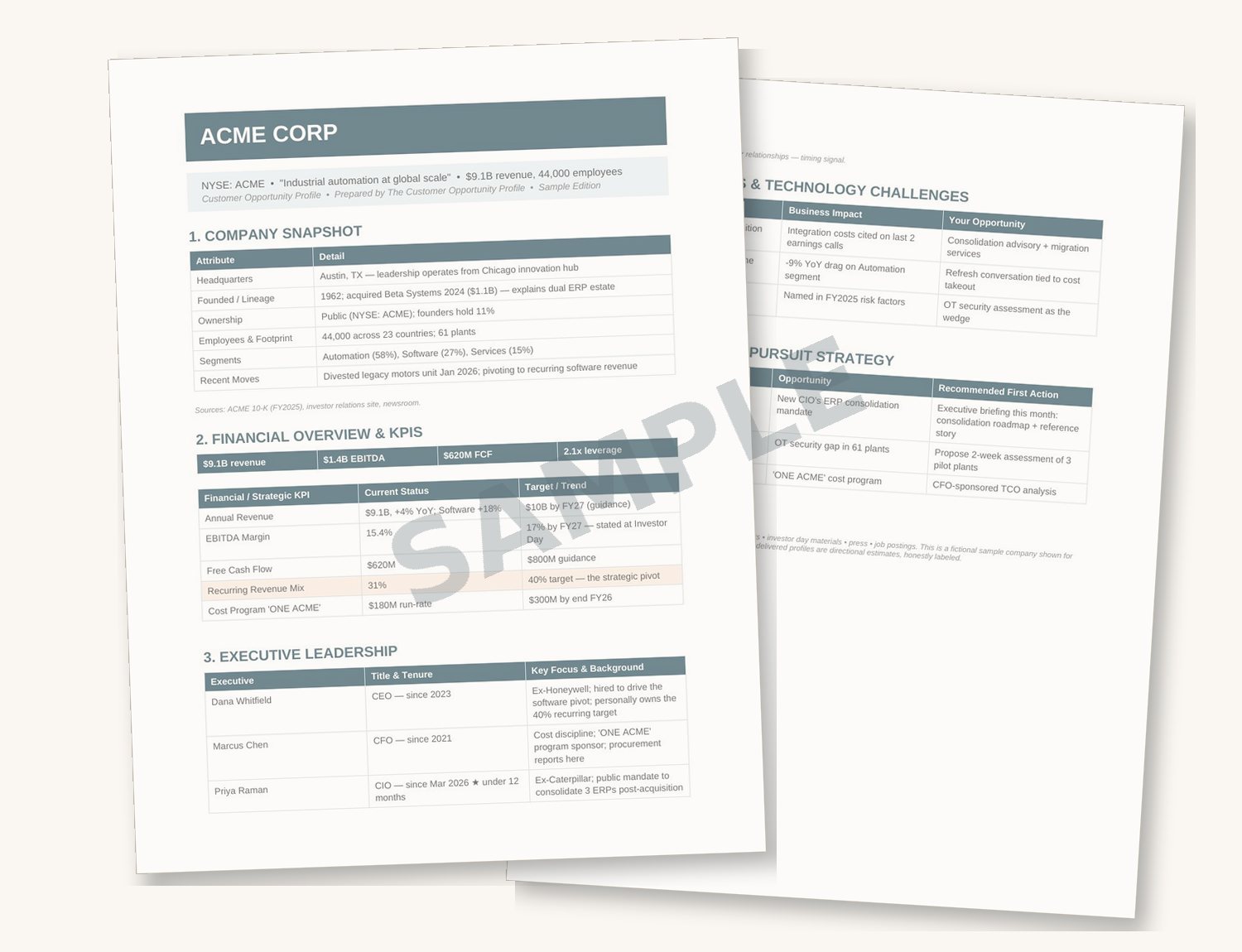 Two faded sample pages of a finished Customer Opportunity Profile dossier, watermarked SAMPLE